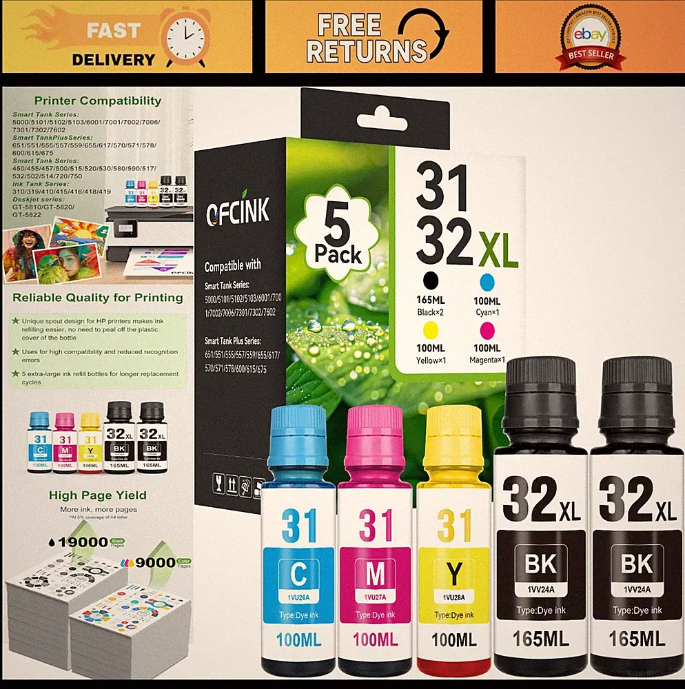 31 32XL Ink Bottle Set - Refill for HP Smart Tank 5000 5101 7602 570 651 Printer
