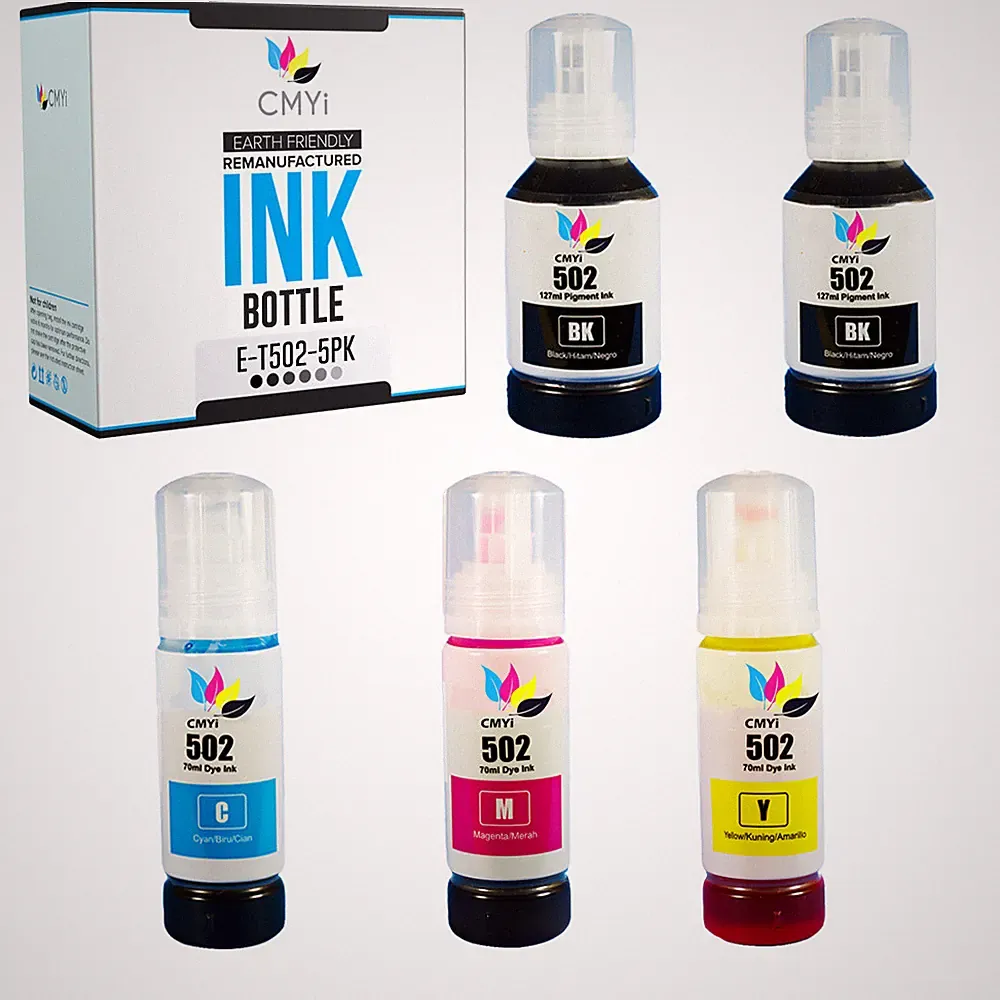 5 PK Refill Ink Bottles for Epson 502 Black and Color Combo Fits Ecotank 4850